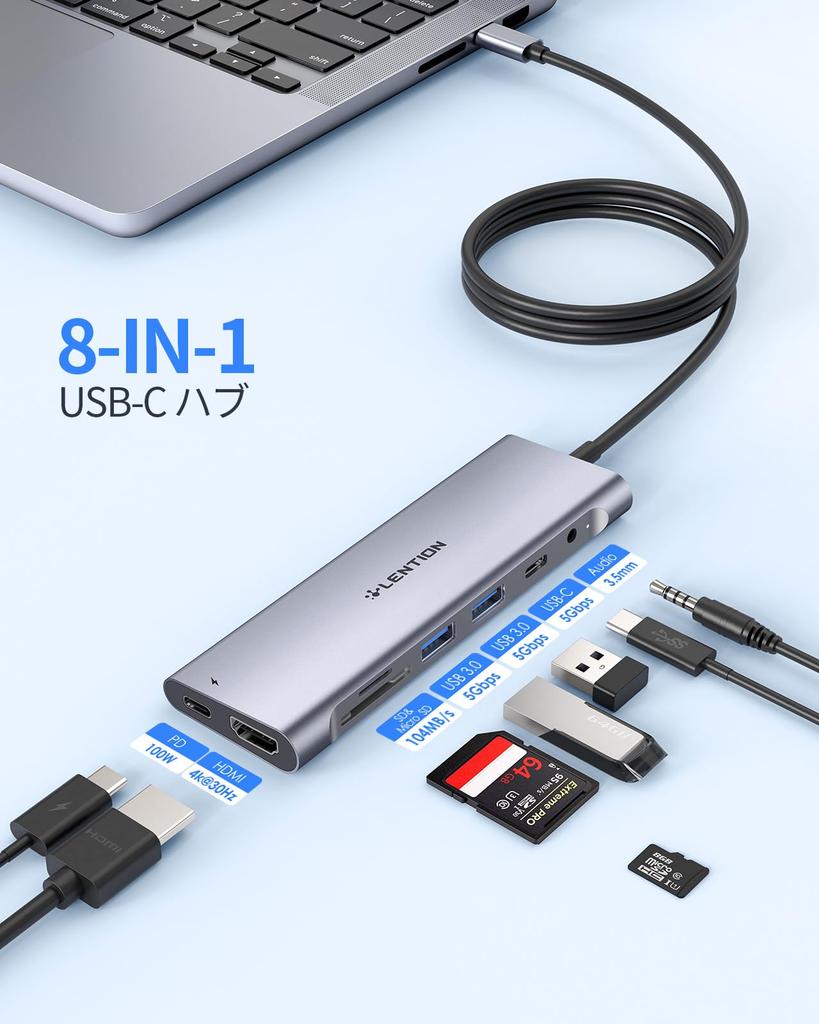 LENTION 1m Extra Long Hub 4K HDMI PD Charging 100W Micro Card Reader Audio USB Type C Dock Compatible with MacBook iPhone 17 Plus Pro Pro Surface Pro