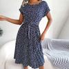 O-Neck Short Sleeve High-Waist Lace-Up Midi Dress Simple Floral Print Pleated Hem