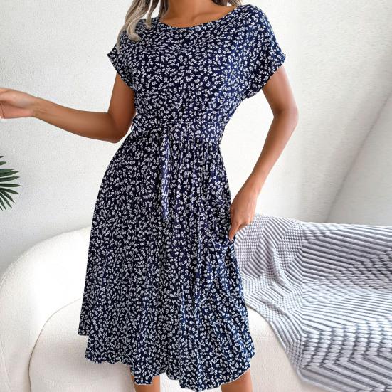 O-Neck Short Sleeve High-Waist Lace-Up Midi Dress Simple Floral Print Pleated Hem