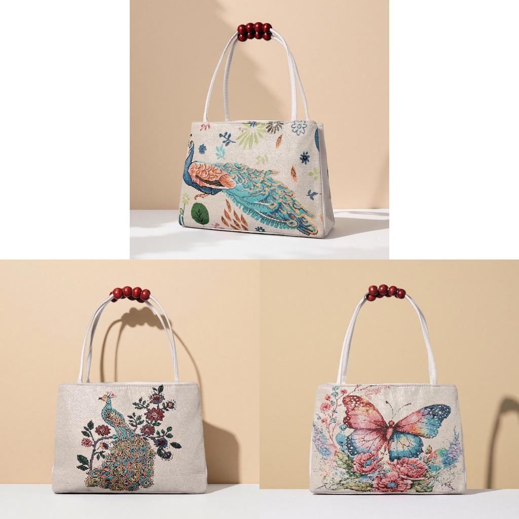 Canvas Handbag With Peacock Embroidery For Daily Casual Wear
