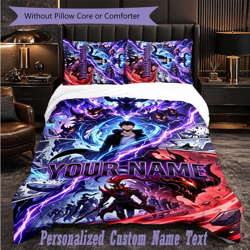 Personalized 3Pcs Bedding SetSolo Leveling Custom Text Duvet Cover Pillowcase Set Bedroom Gift