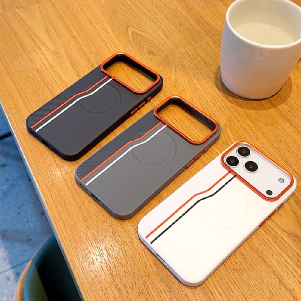 Double Line Pattern Phone Case for IPhone 17 Pro Max Air 16e 16 Plus 15 Magnetic Metal Lens Ring Wireless Charging Back Cover
