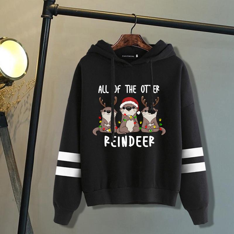 Fashion Women Christmas All Of The Otter Reindeer Print Hooded Sweatshirt Autumn Leisure Sports Pullover