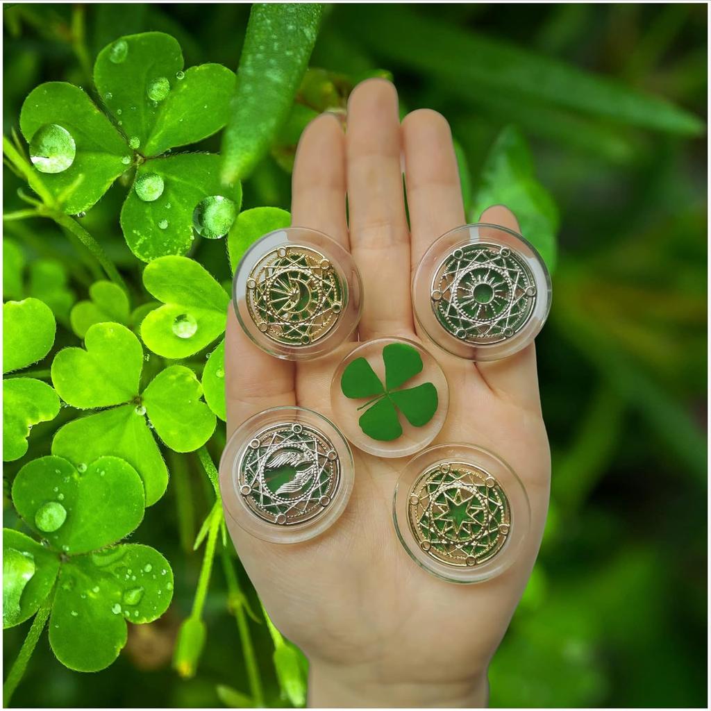 2Pcs Real Four Leaf Clover - Clover Stone Pocket Lucky Charm, Irish Blessing Good Luck Gift for Friends, Family (Transparent)