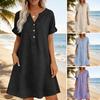 Soft Blended Fabric Dress Summer Short Sleeve for Women, Casual Button Up V Holiday Neck A-line Dress, Flowy Beach Vacation Sundress with Pockets
