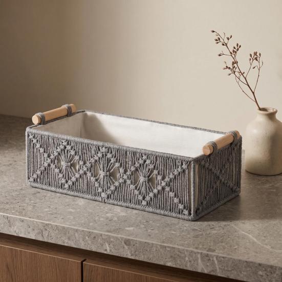 Storage Box with Wooden Handles Large Capacity Basket Woven Design Countertop Organizer for Cosmetics And Sundries
