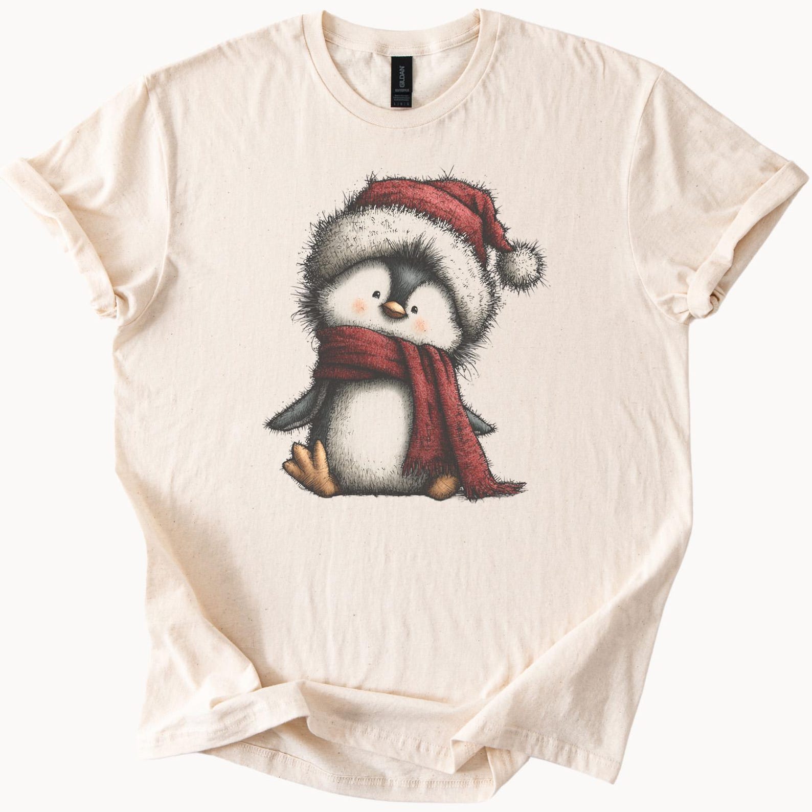 Christmas penguin t shirt cute holiday animal in santa hat and scarf hand drawn winter graphic tee 100