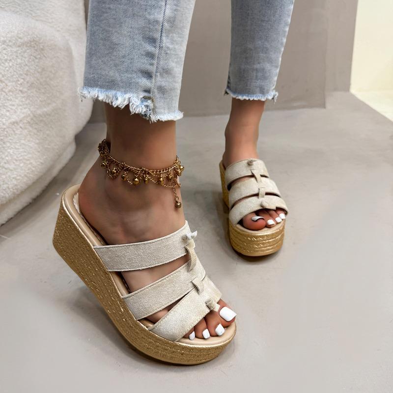 Temperament Keilpantoletten Sommer Neu Runde Zehen Offene Zehen Flanell Slip mit Plateau Rutschfest Verschleißfest Hohe Absätze