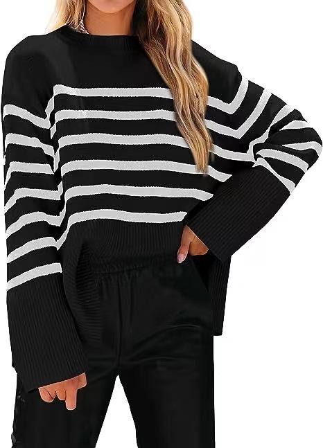 Autumn and Winter Hot Sale European and American Fashion Striped Loose Fat Sleeve Women's Knitted Sweater