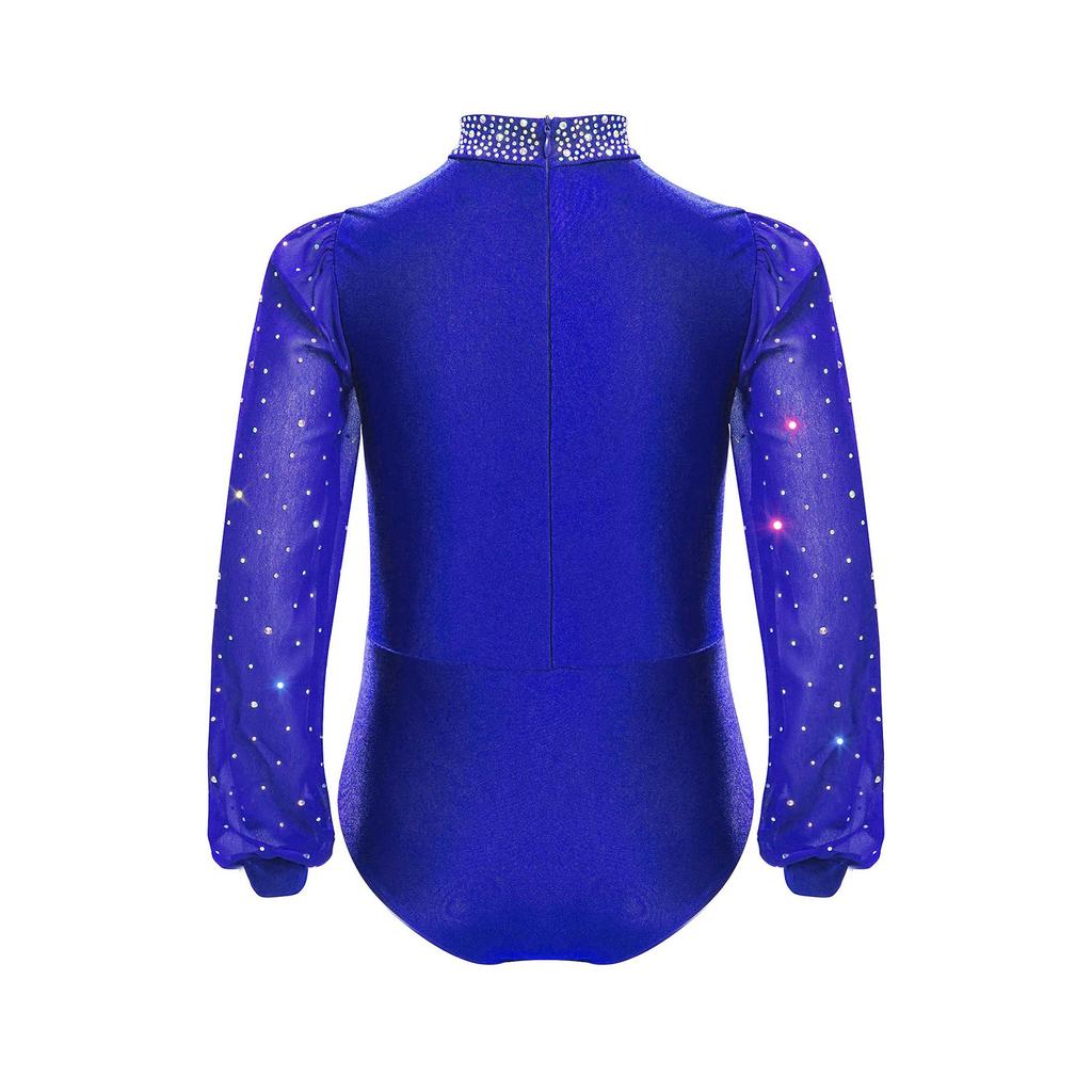 Boys Long Sleeve Mock Neck Rhinestones Adorned Press Button Crotch Back Zipper Leotard Figure Skating Dance Bodysuit