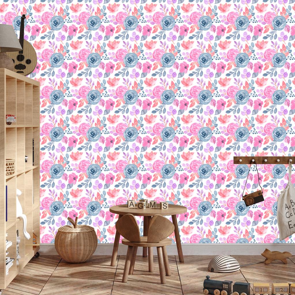 Wallpaper Flowers white, powder pink, coral and blue 50x1000