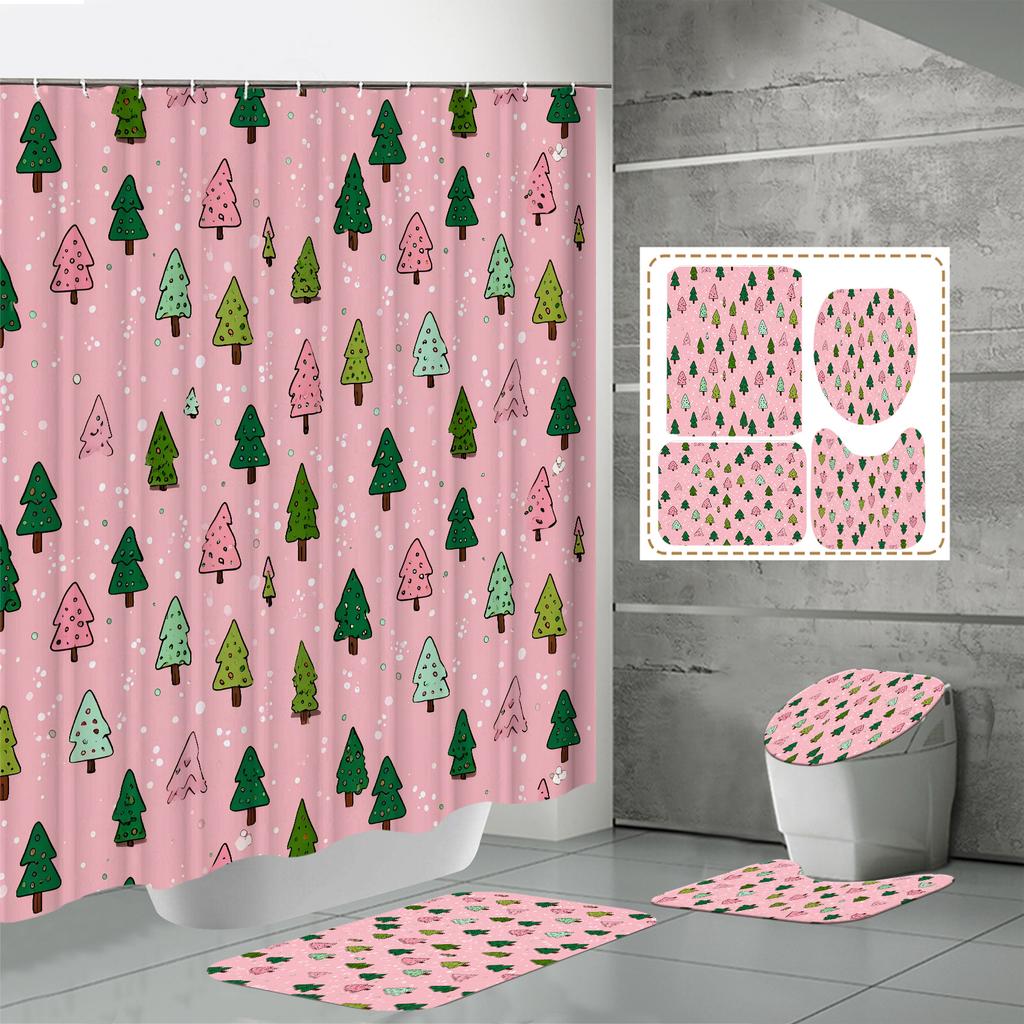 4 buc Seturi Perdea de Duș Cu Perdea de Duș și Covoare Covor Capac Toaletă Covoraș în Formă de U și Covoraș de Baie Set Baie Cu 12 Cârlige