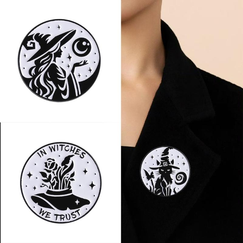Moon Phase Witch Brooch Enamel Goth Pin Black Cats Designs Punk Jewelry For Halloween Accessories Gift