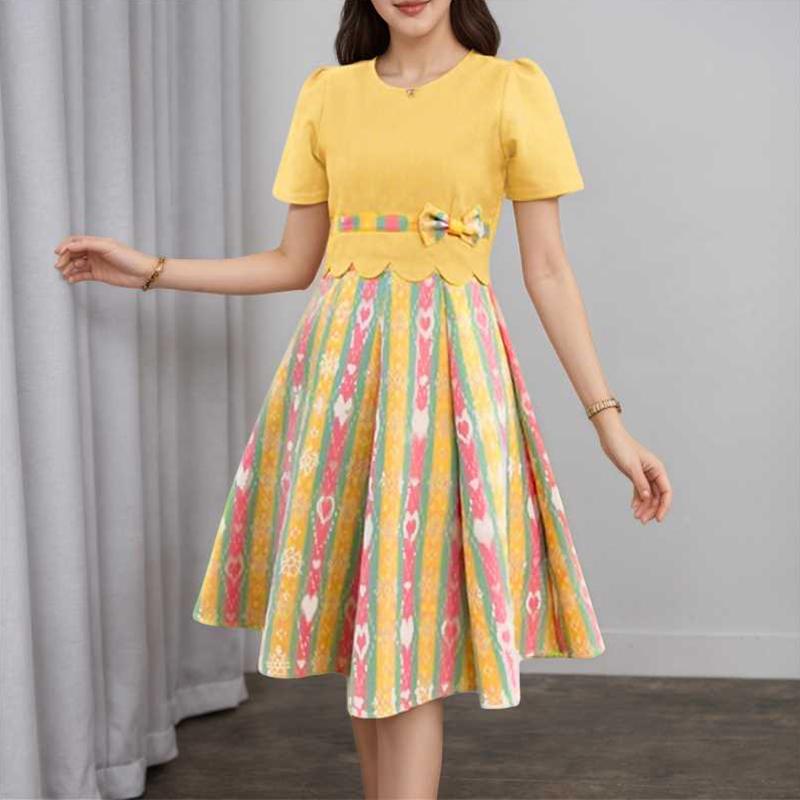 

ZANZEA Women Casual Round Neck Summer Short Sleeve Patchwork Print Dress 5XL жёлтый