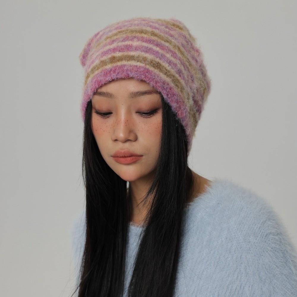 Plush Warm Skullies Hat Striped Ski Ear Protection Cap Unisex Knitted Beanies