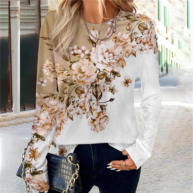 Floral Pattern Women Fashion Trend T-Shirts Spring Autumn Long Sleeve 3D Print Flower Street Ladies Tee 3XL Big Size Casual Tops