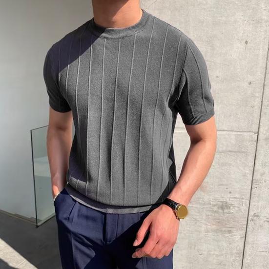 Men Summer T-shirt Round Neck Short Sleeves Solid Color Slim Fit Elastic Pullover Casual Mid Length Straight Men Fitness Sport Gym Top