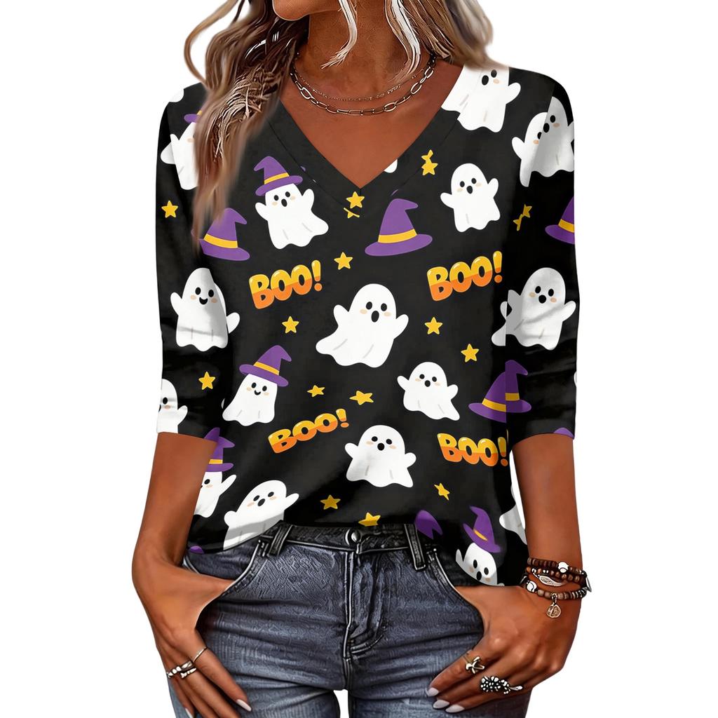 Damen Freizeit V-Ausschnitt Dreiviertelarm Oberteil Halloween Kürbisdruck Leichte Bluse für Herbst und Alltag