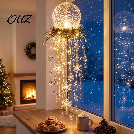 Santa Claus Snowman Decor Crystal Waterfall Christmas Lights, LED Warm White Pendant Effect Holiday Hanging Light with Snowflake Droplets, Outdoor