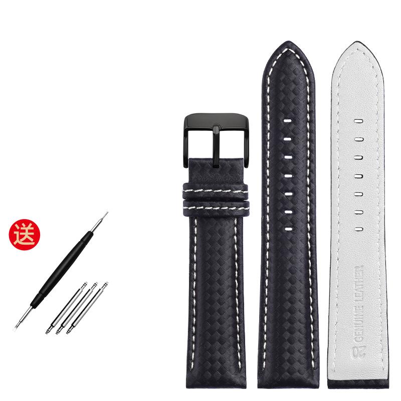 Echtes Lederarmband mit Kohlefaserkorn, Uhrenarmband 18 mm, 20 mm, rot-orangefarbene Nähte, Uhrenarmband 21 mm, 22 mm, 23 mm, 24 mm