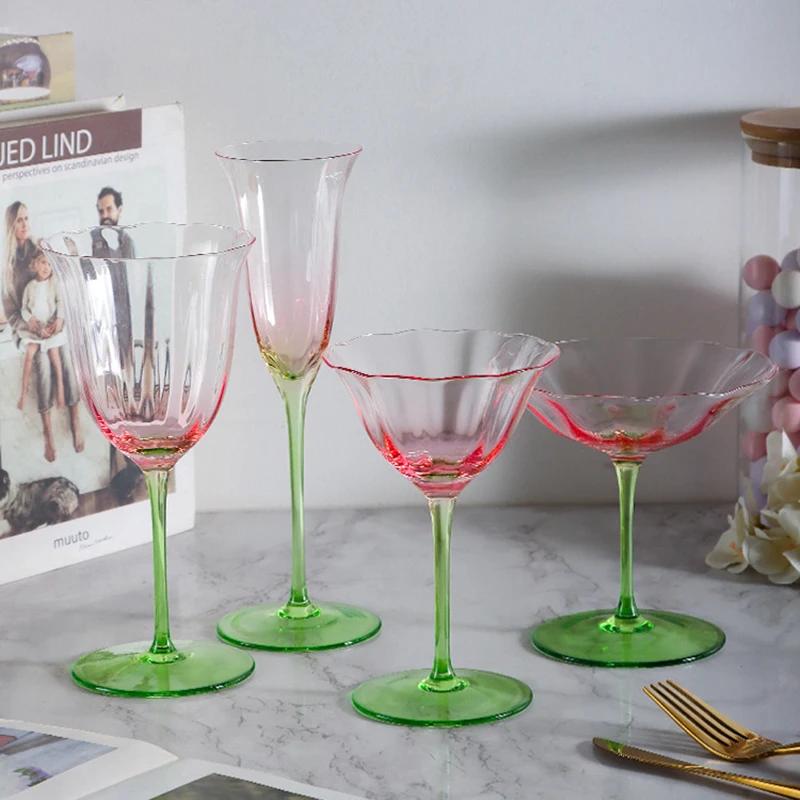Home Light Luxury Retro Vertical Stripes Flower Wine Glass Goblet Crystal Glass Pink Green Champagne Cup Cocktail Martini Cups