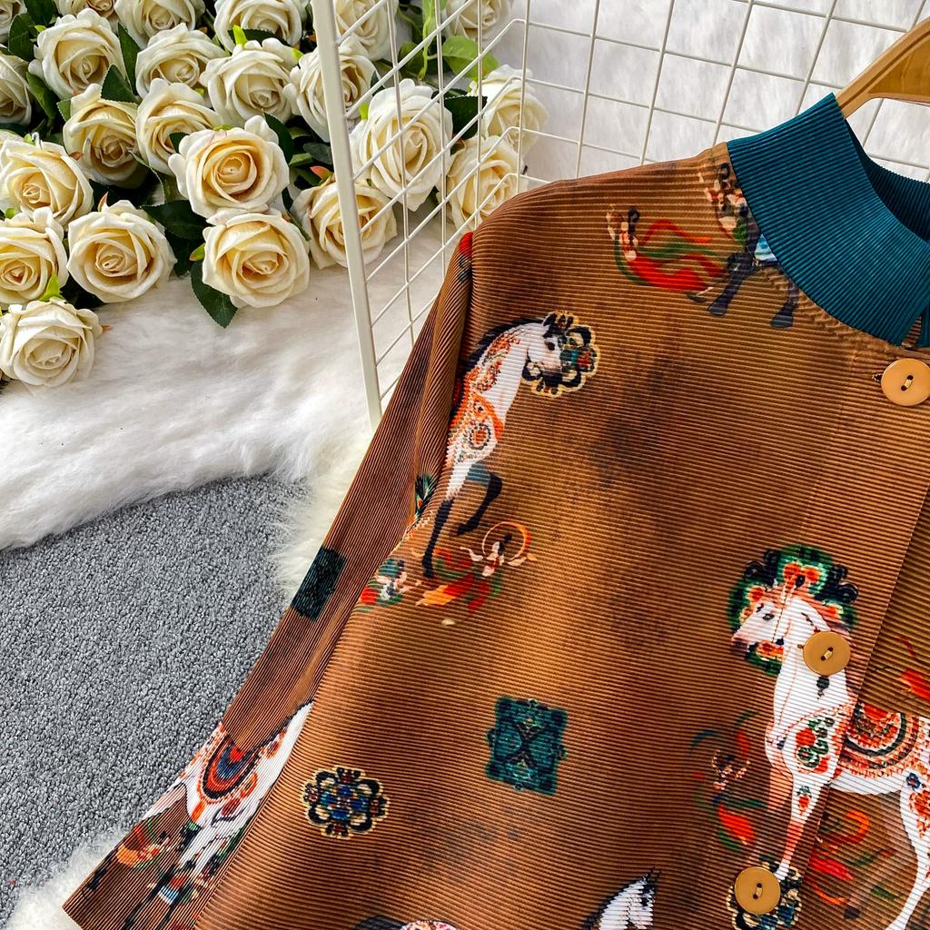 Skládané šaty s květinovým potiskem Letní Podzimní Jednorázové Zapínání Oversize Pásek Elegantní Streetwear Svetr Dámské Oblečení