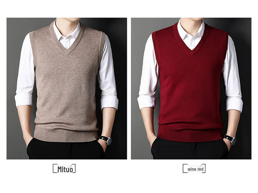 Men's V-Neck Knitted Vest: Thick Sleeveless Sweater for Autumn/Winter - Solid Color, Middle-Aged Business Style