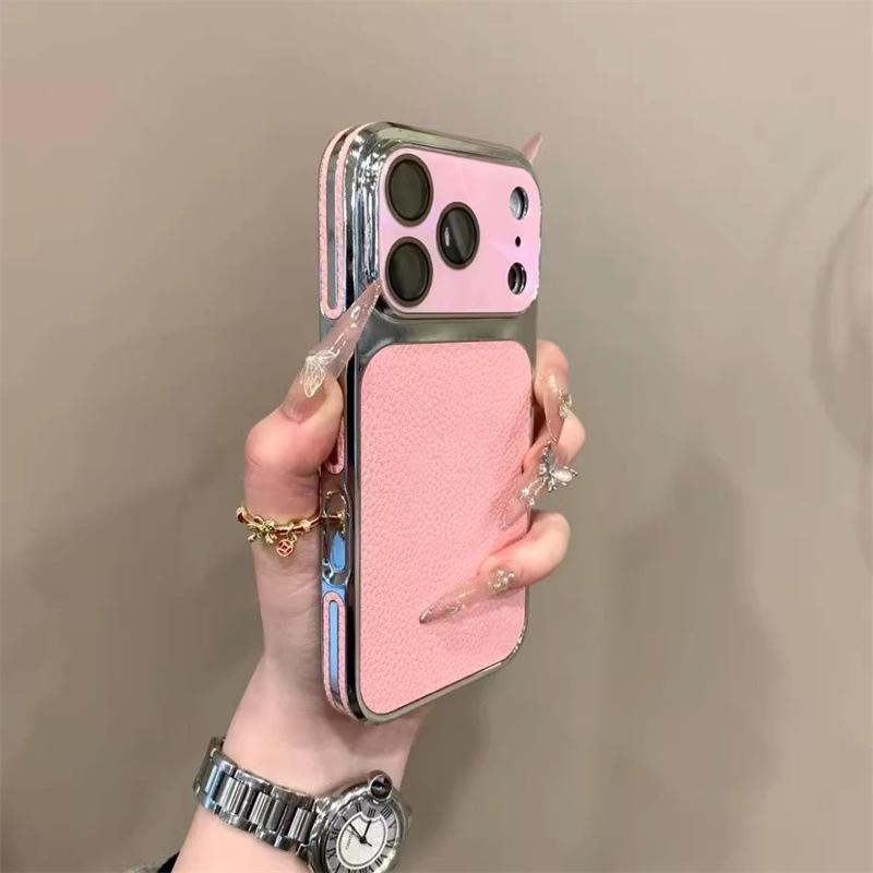 

Lychee Pattern Leather Electroplated Side Sticker for Apple 17 Pro Max - Transforms to Large Window iPhone Case iPhone 15 Pro Max