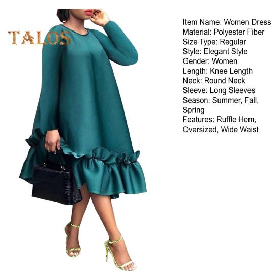 Abito Oversize A-line Orlo Arricciato Lunghezza Ginocchio Monocolore Abito Midi Maniche Lunghe Scollo O Vita Larga Abito per Appuntamenti Feste Formali Banchetti