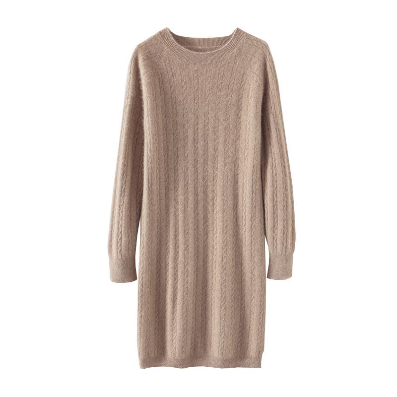 2023 Women's Mid-Length Merino Wool Sweater Dress - Round Neck, Long Sleeve Knitwear for Autumn and Winter