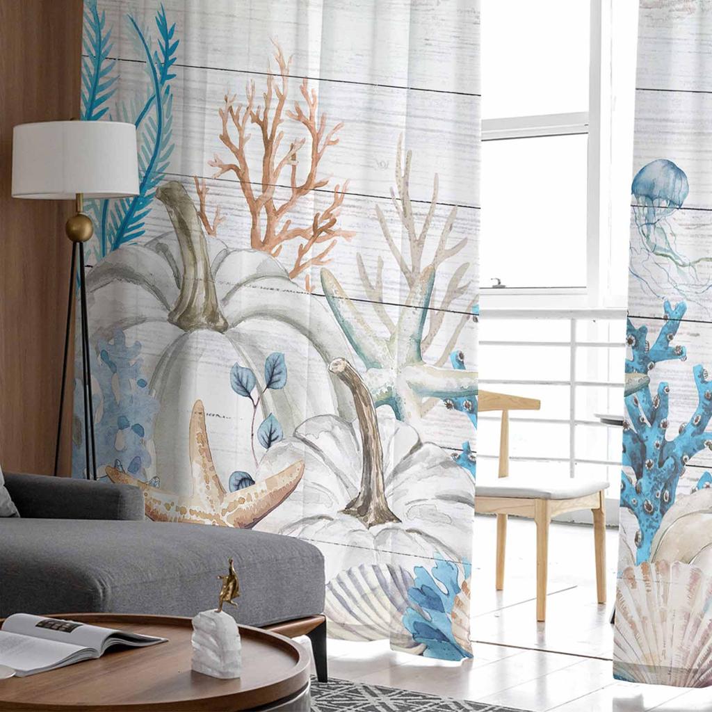 Thanksgiving Pumpkin Starfish Shell Coral Wood Sheer Curtains for Kids Bedroom Living Room Voile Window Curtains Tulle Drapes