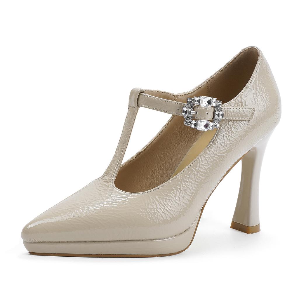 10521 [sheepskin] high heels women's thick heel 2025 new pointed T-word with Mary Jane waterproof table single shoes