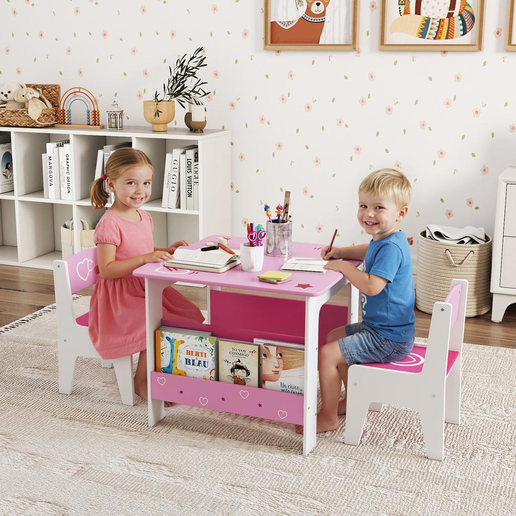 3 Pieces Kids Table and Chair Set, Toddler Activity Table with Bookshelves, for Living Room, Nursery, Playroom, Pink