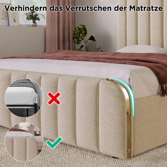 USB Charging Bed Upholstered Double Headboard with Golden Trim Type-C Function Storage 180x200cm Beige Linen Material 4 Drawers Load Capacity 226kg