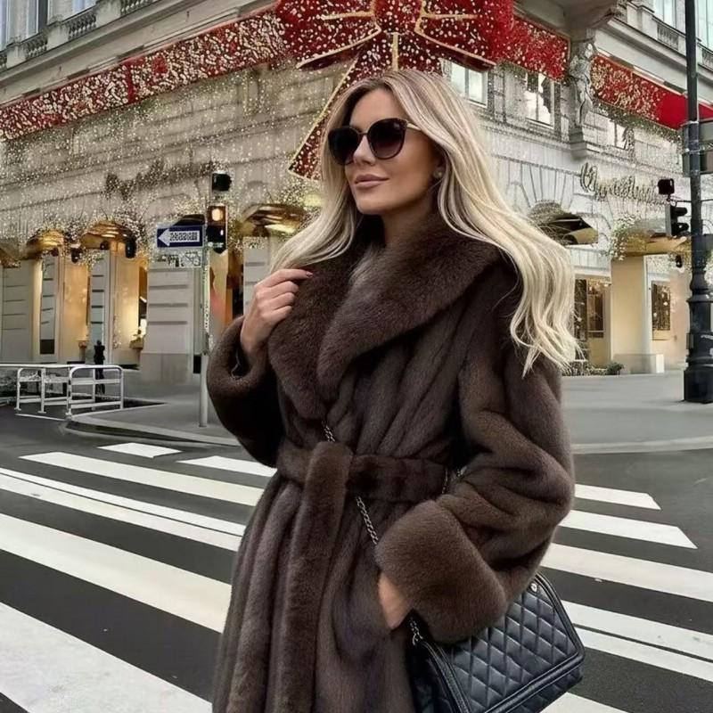 Womens Faux Fur Coat Large Lapel Mid-Length Winter Fashion Outerwear