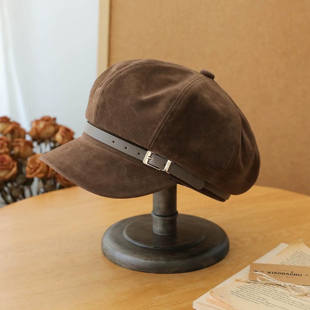 Suede Newsboy Hat Women's New Style Small Octagonal Hat with Temperament and Versatile Painter's Hat