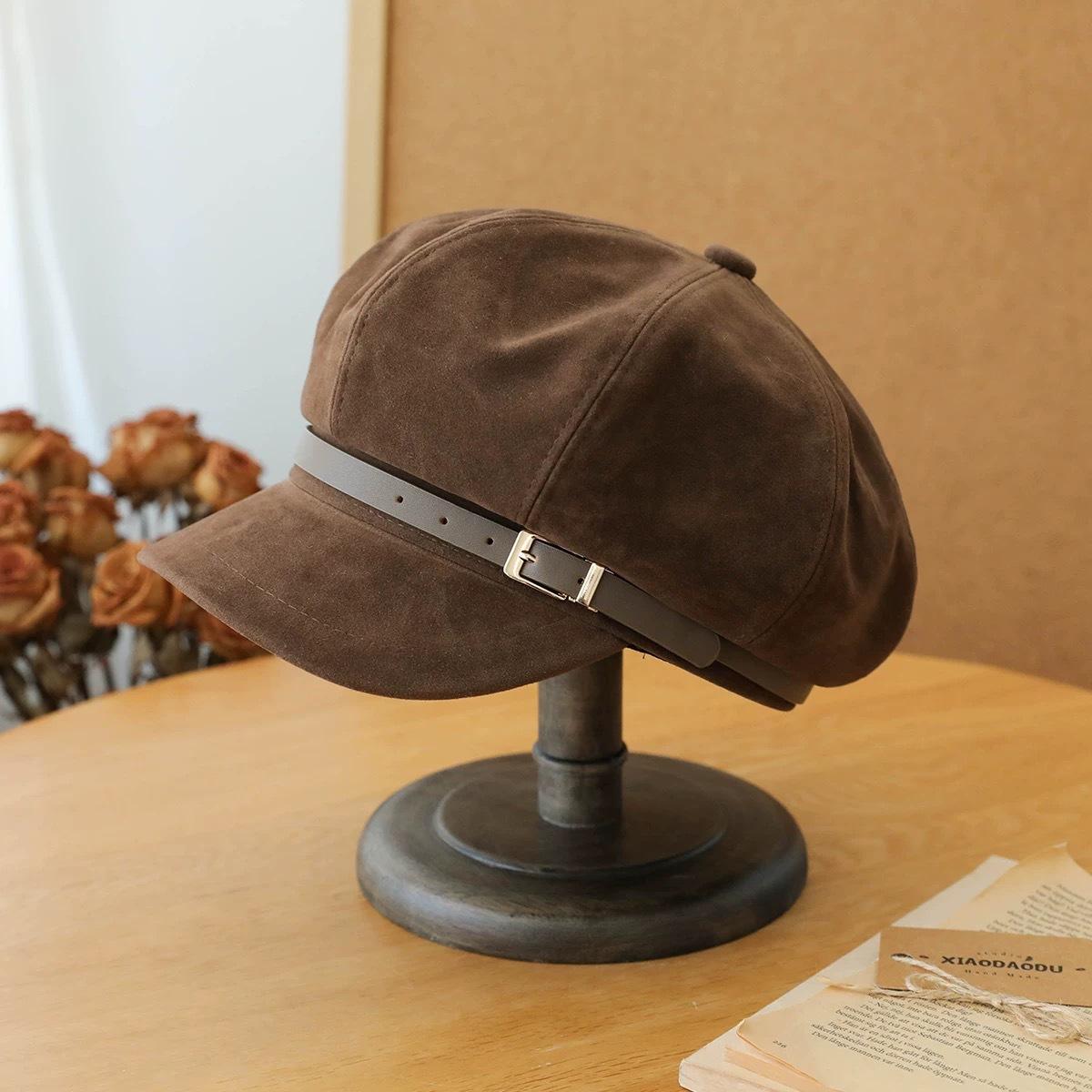 

Замшевая кепка газетчика женская новый стиль маленькая восьмиугольная шляпа с характером и универсальная шляпа художника One Size