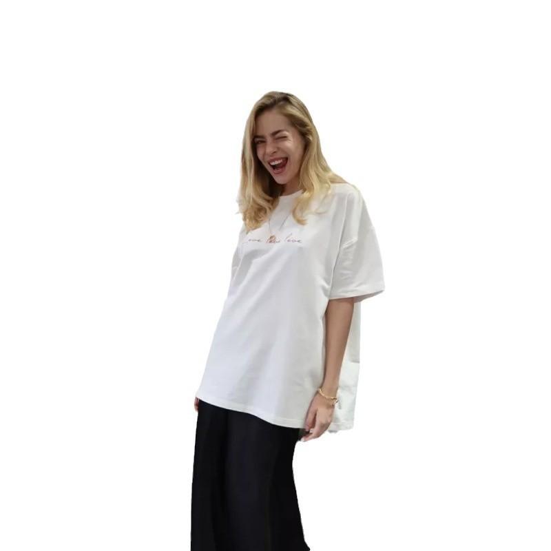 Women's Short Sleeve Letter Print Tee Round Neck Loose Fit Casual Vintage Summer T-Shirt