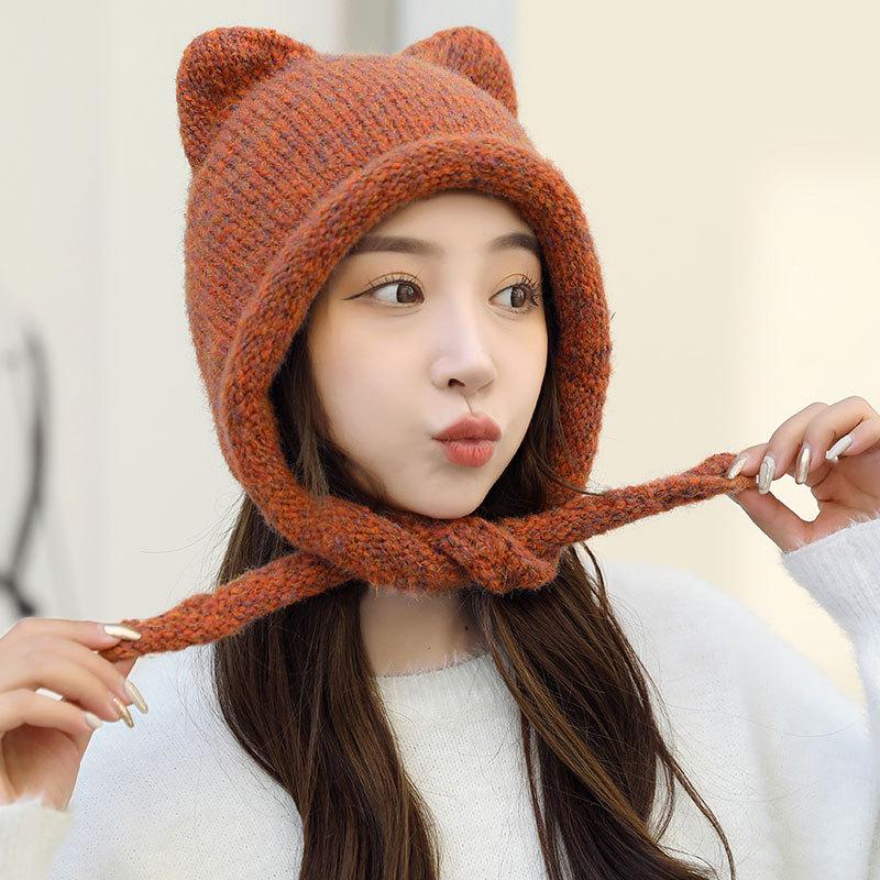 Fashion Ear Ear Protector Knitted Hat Women's Autumn and Winter Mohair Warm Ski Hat Student Hat