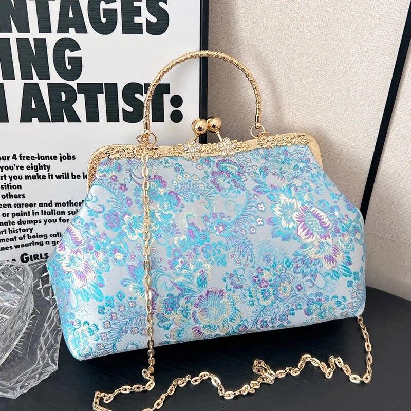 Vintage Women Wedding Clutch Flowers Lock Shell Clip Fringe Chain Shoulder Bags Purple Blue Crossbody Bags Handbags And Purses