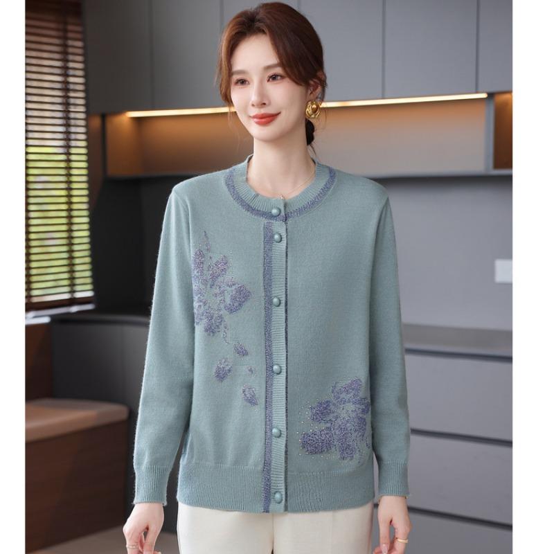 

Mom s autumn new sweater flower knitted cardigan jacket temperament age-reducing gentle round neck medium and old women s clothing XL синий