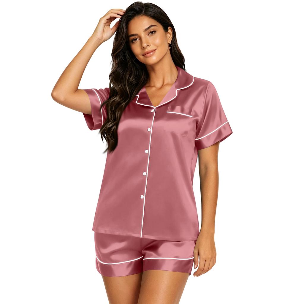 Set Pigiama da Donna in Raso a Maniche Corte con Camicia Bottonata e Pantaloncini a Vita Elastica Morbido Leggero per il Tempo Libero e il Sonno S-XXXXL