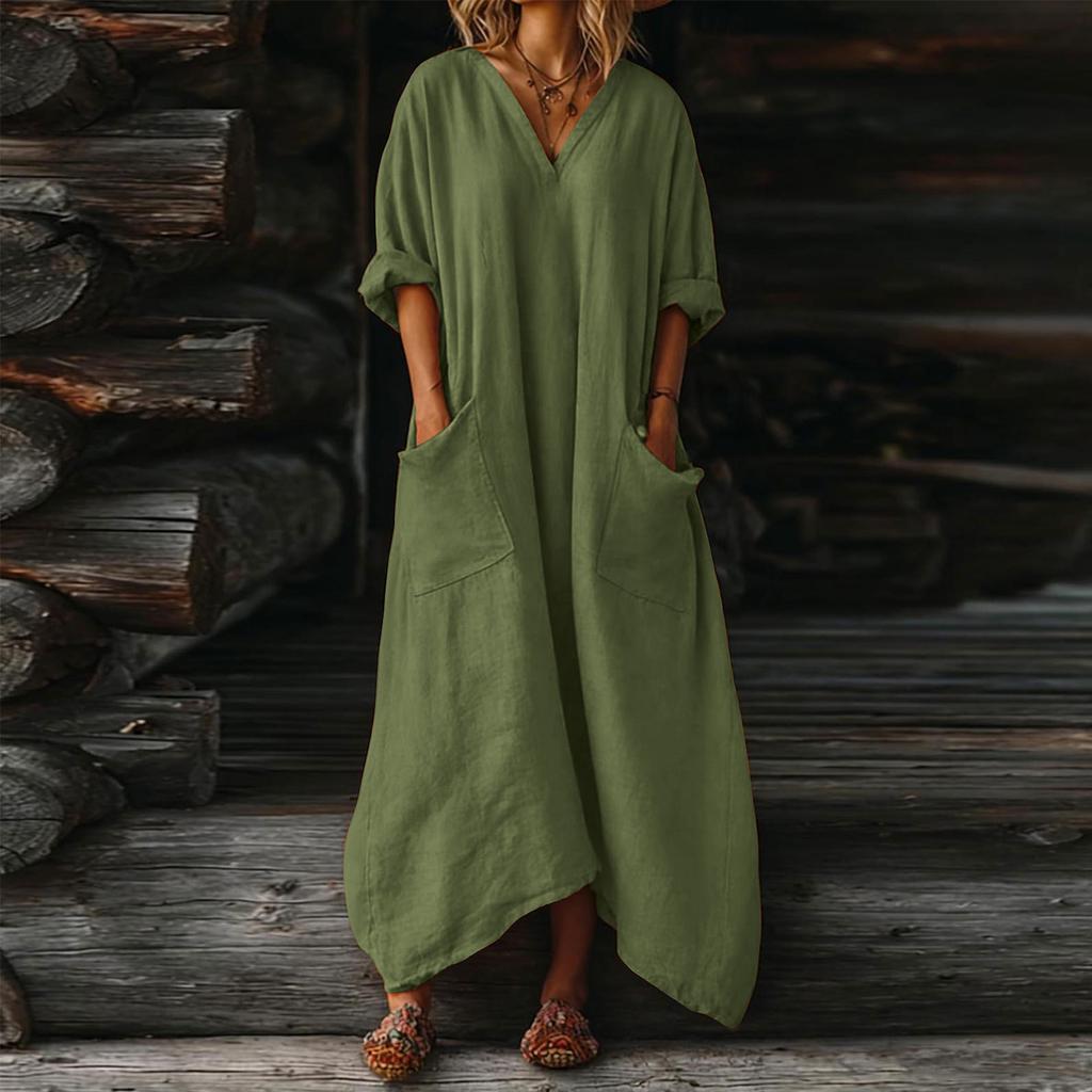 Women's V-neck Long Dress With Pockets