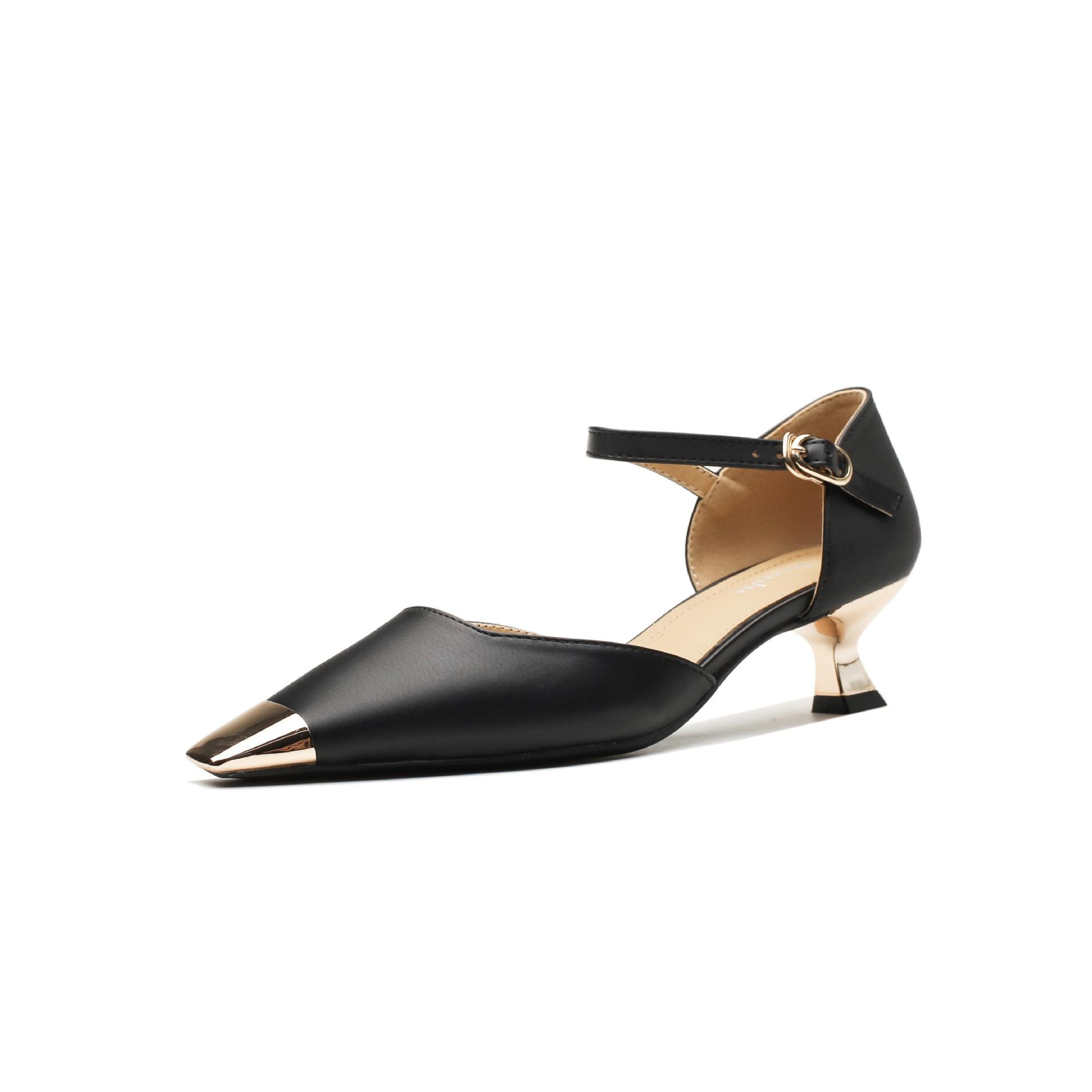 

French small heel single shoes women s spring and summer new metal head versatile one-word buckle bag head with skirt hollow low heel sandals 40 чорний
