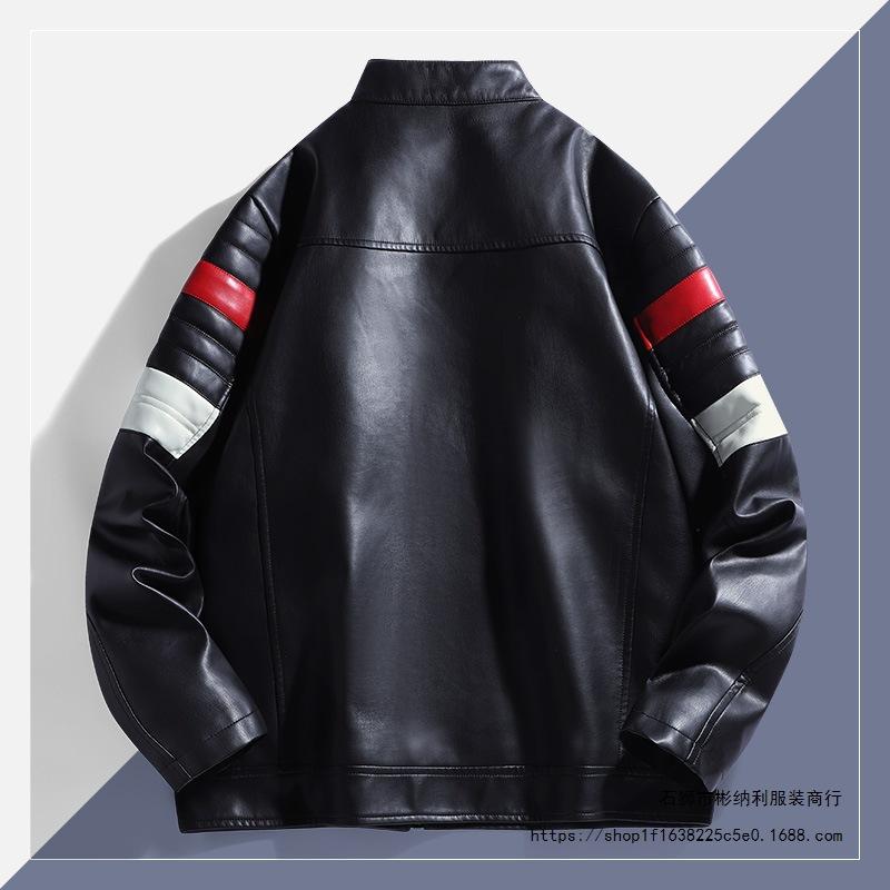 Lederjacke, Motorradanzug, Herren Frühling und Herbst Kontrastfarbe PU-Leder Freizeitjacke, Colorblock-Jacke