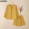 VONDA Two Pieces Women Crochet Hem Buttons Blouse Elastic Waist Shorts Outfits