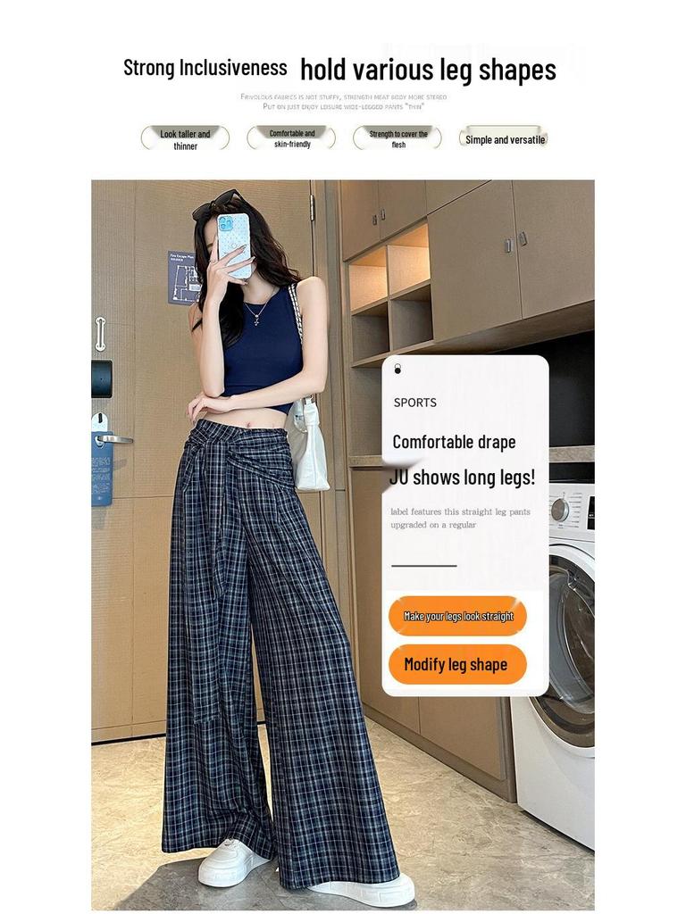 Plaid Strappy High-Waisted Wide-Leg Pants - Women's Korean Style Casual Long Pants