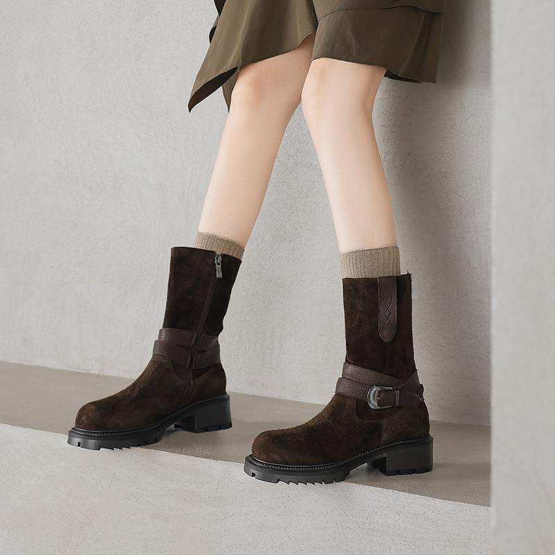 Krazing Pot Fashion Cow Suede Nubuck Winter Round Toe Modern Boots Med Heels Zipper Metal Buckle Mid-calf Boots