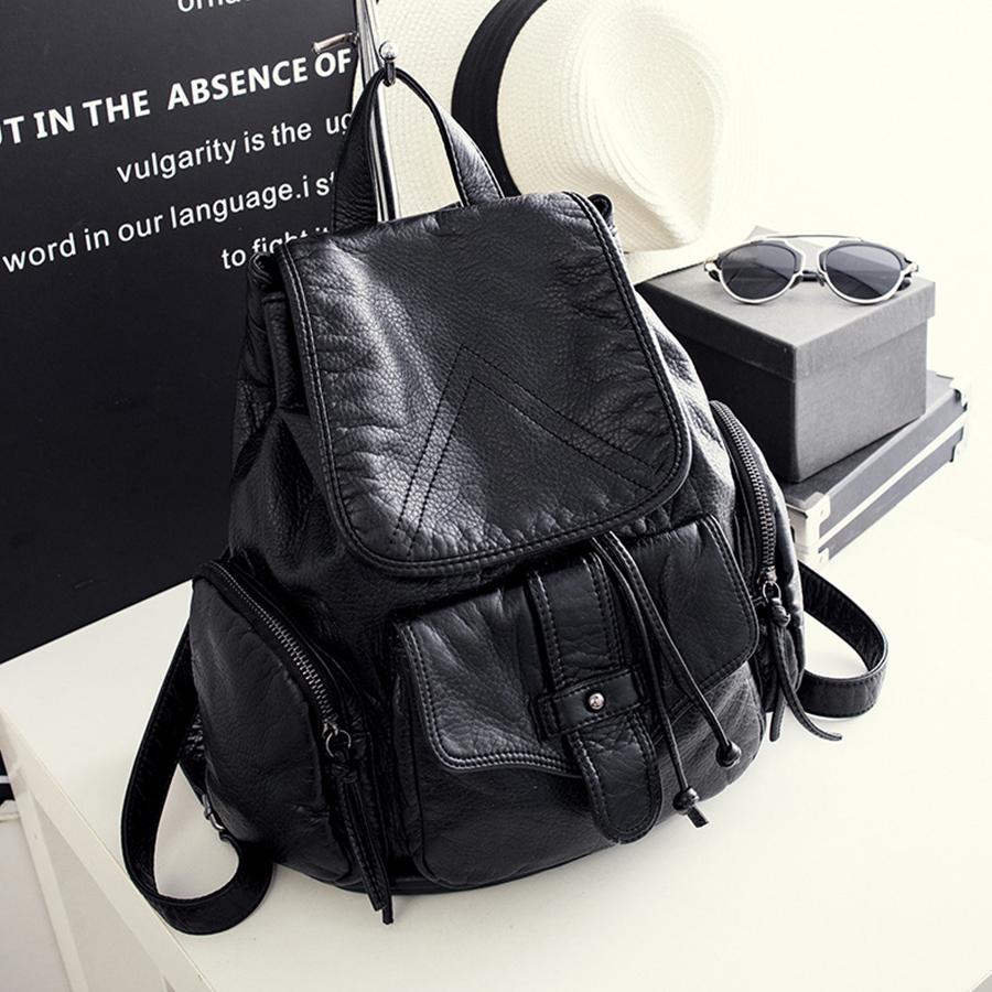 Soft Leather Women Backpack Large Travel Shoulder Bag Female Daypack Black Flip-Top Bagpack Laptop School Bag for Teenage Girls