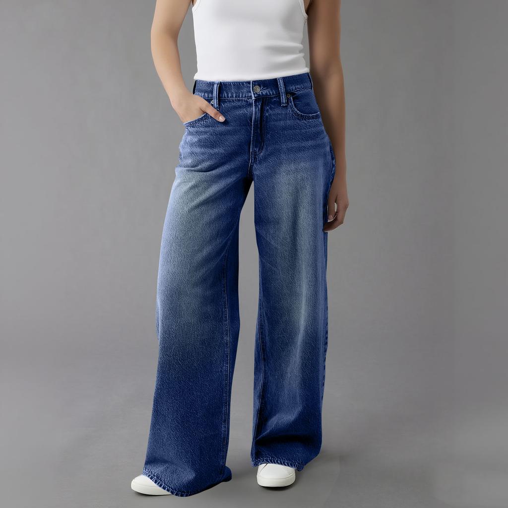 Womens High Waisted Jeans Stretchy Flared Straight Leg Loose Trendy Hem Denim Pants
